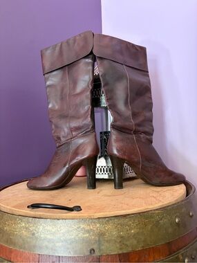 Classic Knee Brown Leather Heeled Boots